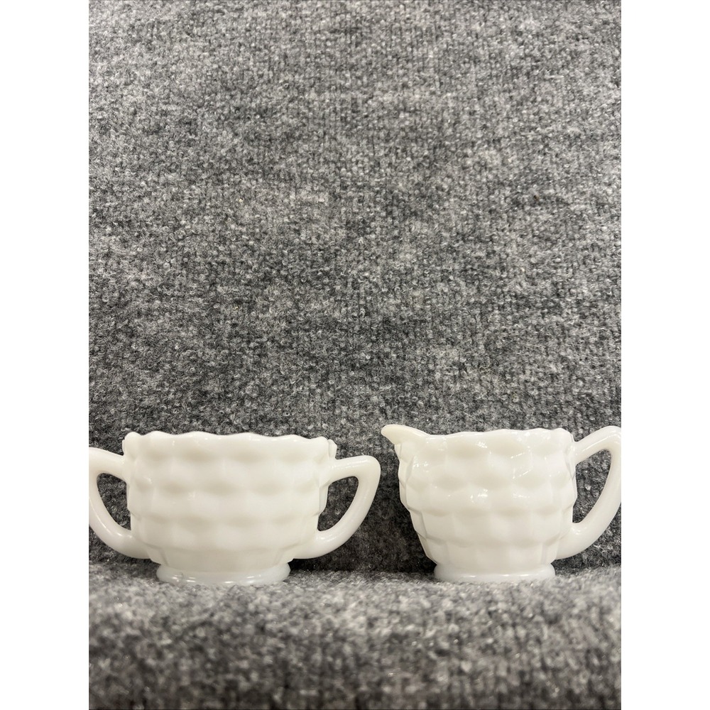 Vintage 1960's Hazel Atlas Cubist Milk Glass Creamer and Sugar Set